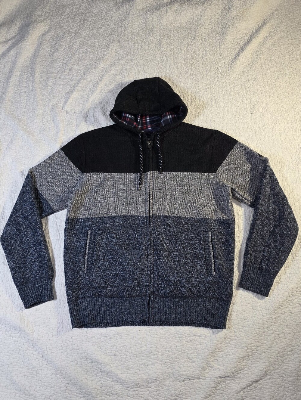 Point Zero Black Blue Gray Color Blocked Plaid Fleece Lined Zip Up Hoodie